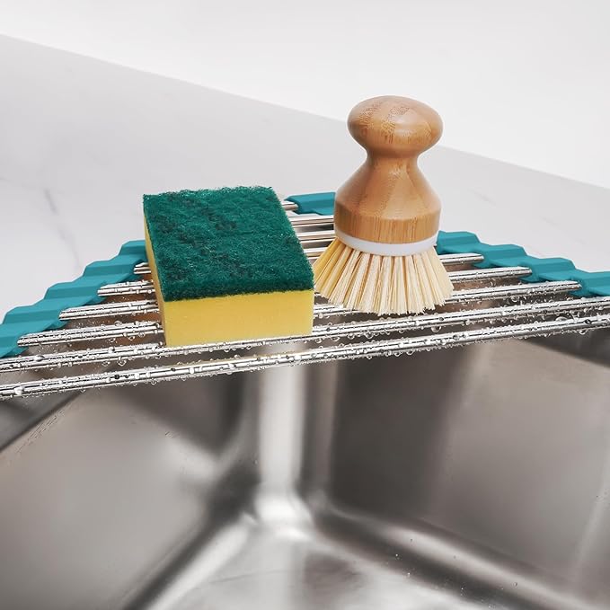 Tomorotec Triangle Roll-Up Dish Drying Rack for Sink Corner Small Foldable Stainless Steel Over The Sink Multipurpose Kitchen Drainer Caddy Organizer Storage Shelf Holder (Dark Green)