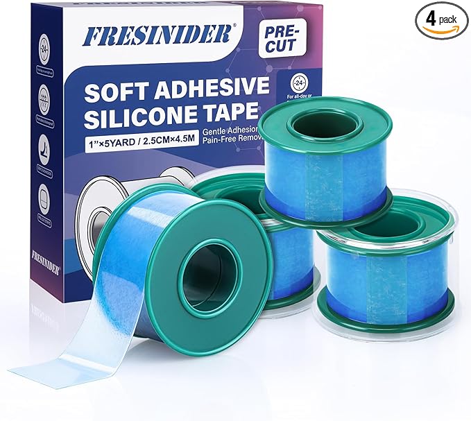 FRESINIDER Silicone Medical Tape – 1" x 5 Yard Blue 4 Rolls, Pre-Cut, Waterproof & Repositionable, Pain-Free Removal, Hypoallergenic Adhesive for Sensitive Skin, Wound Care & First Aid Use