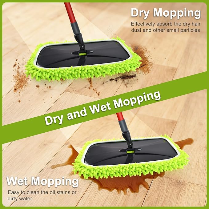 Mops for Floor Cleaning, Dust Mop for Hardwood Floors, Extra Large Floor Mop with Extendable Handle and 3 Reusable Chenille Mop Pads, Flat Dust Mops for Hardwood, Marble, Vinyl, Tile Floors Cleaning