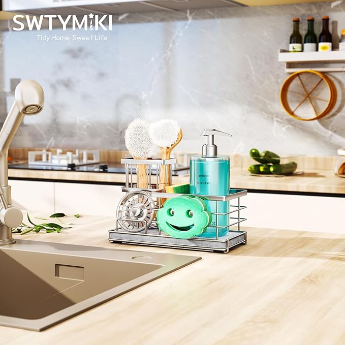 SWTYMIKI Kitchen Sink Caddy Organizer, Smiley Face Sponge Holder for Kitchen Sink, Instant Drying Sponge Holder with High Dish Brush Holder Organizer for Countertop, Silver
