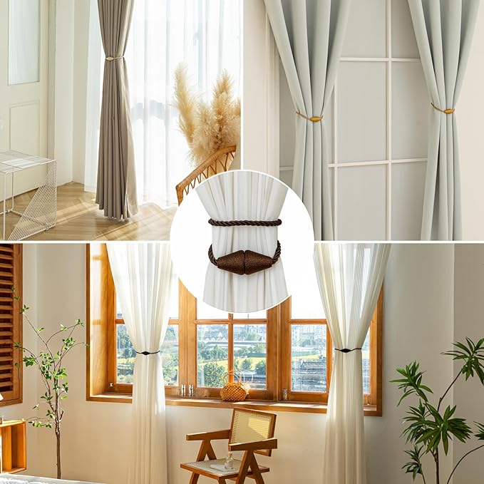 Magnetic Curtain Tiebacks 4 Pack Outdoor Rope Curtain Tie Backs Decorative Window Treatment Holdbacks for Home Decorative Curtain, Coffee