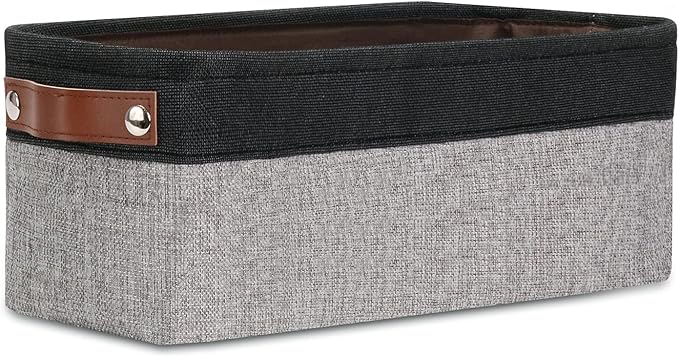 DULLEMELO Fabric Bathroom Storage Bin with Leather Handles, Narrow Organizer for Towels, Toilet Paper Rolls, Storage Basket for Back of Toilet, Vanities, Shelves & Cabinets (Black&Gray)
