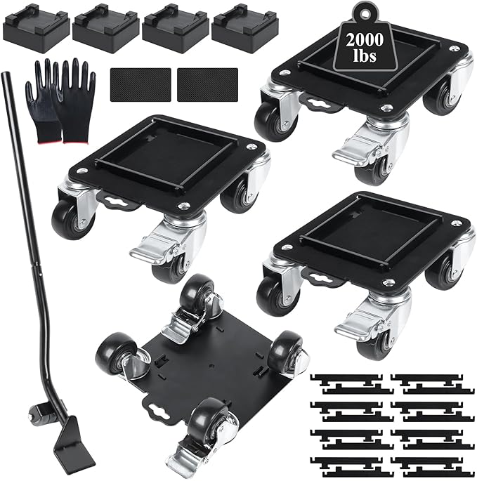 Furniture Movers with 4 Wheels,Heavy Duty Furniture Lift Mover Tool Set with 2000 lbs Load Capacity, Easy Sliders Dolly with Removable Side Guards&Brake, for Moving Appliance,Sofa etc