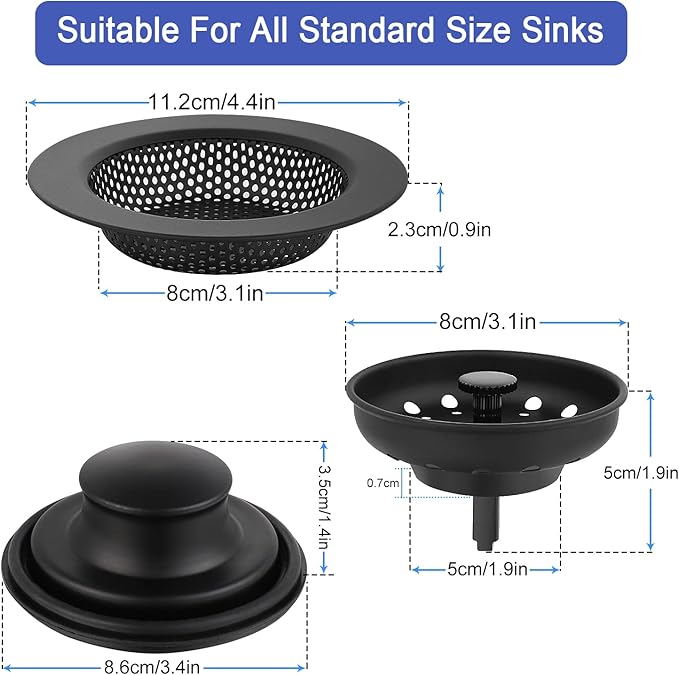 Kitchen Sink Drain Strainer 3 Pack Stainless Steel Sink Stopper, Anti-Clogging Kitchen Sink Drain Basket for Kitchen Sink Strainer Replacement Set (Black, 3 Pack)
