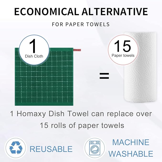 Homaxy 100% Cotton Terry Kitchen Dish Cloths, Ultra Soft and Absorbent Dish Towels for Kitchen, Perfect for Drying and Washing Dishes, 6 Pack, 12 x 12 Inches, Dark Green