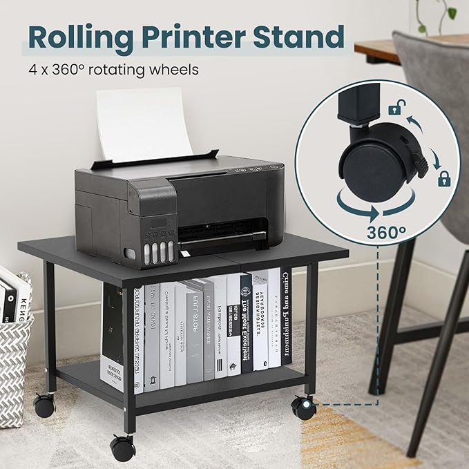 Printer Stand with Storage Under Desk Shelf, Desktop Printer Stand Organizer, Rolling Printer Cart Storage Paper Files Holder for Desk, Office, Home, (Black)