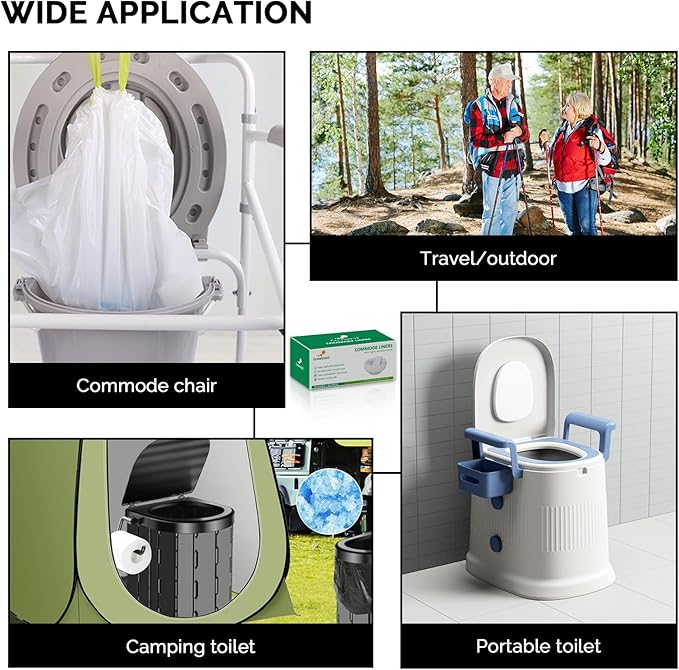 Commode Liners with Absorbent Pads - 60 Pack Disposable Potty Liners for Portable Potty Chair, Large Strong Bags for Camping or Portable Toilet with Gel - Fit All Standard Commode Chair Bucket
