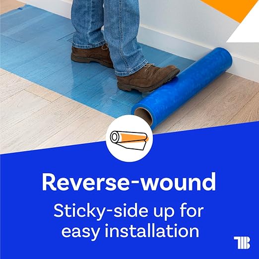 Floor Protection Film, 48" x 200', Made in USA, Blue Self Adhesive Floor Protector Tape for Moving, Painting and Construction, Temporary Covering to Shield Hardwood, Tile, Hard Surfaces