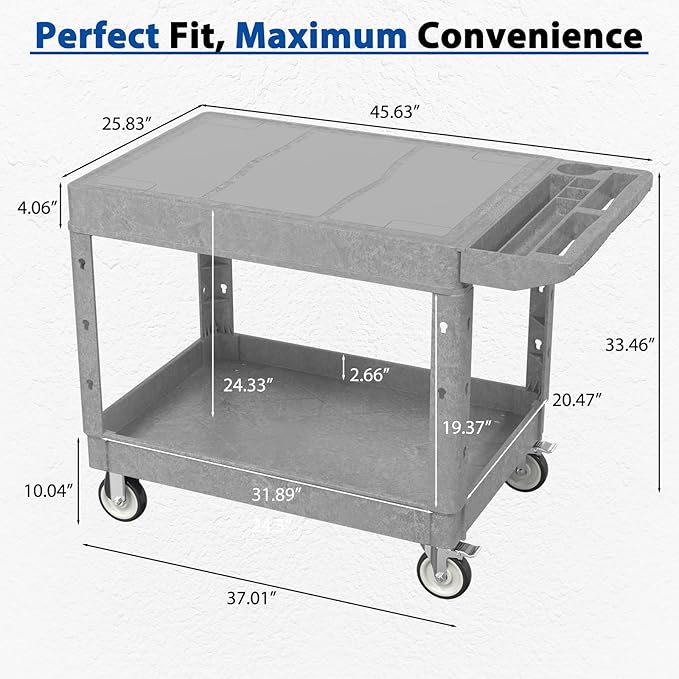 Large Garage Flat Top Utility Cart, Heavy Duty 2 Shelf Tool Cart Service Cart Rolling Push Carts with Ergonomic Handle 5" Swivel Casters.