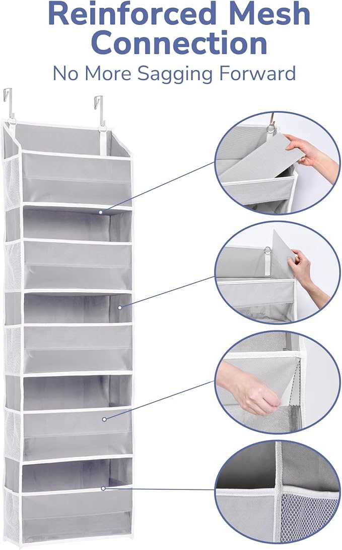 ULG 1 Pack Over Door Organizer with 5 Large Pockets 10 Mesh Side Pockets, 44 lbs Weight Capacity Hanging Storage Organizer with Clear Window for Kids Toys, Shoes, Diapers, Grey, 5 Layer