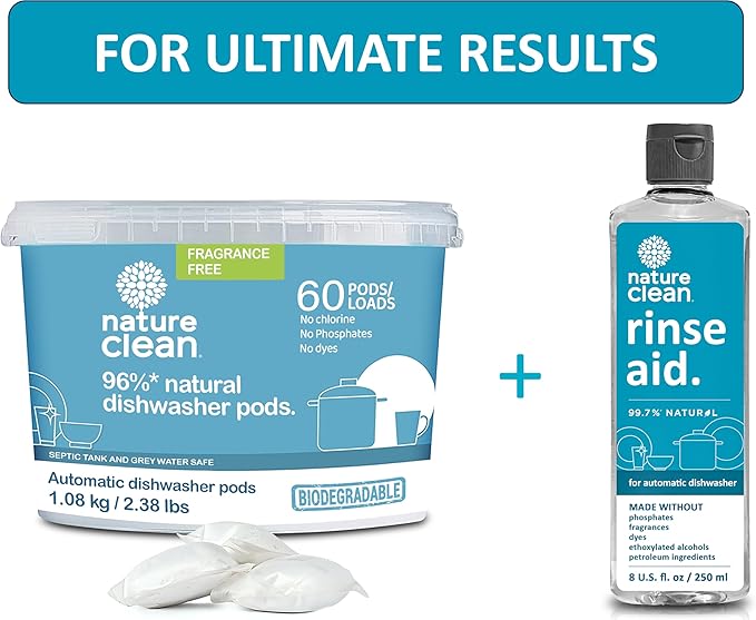 Nature Clean All Natural Dishwasher Rinse Aid Cleaner, Liquid Dishwasher Rinse Agent for Spot-Free Glass & Cutlery in Hard Water, Non Toxic Dish Washer Rinse Aid & Stain Remover, 8 oz/250ml, Pack of 1