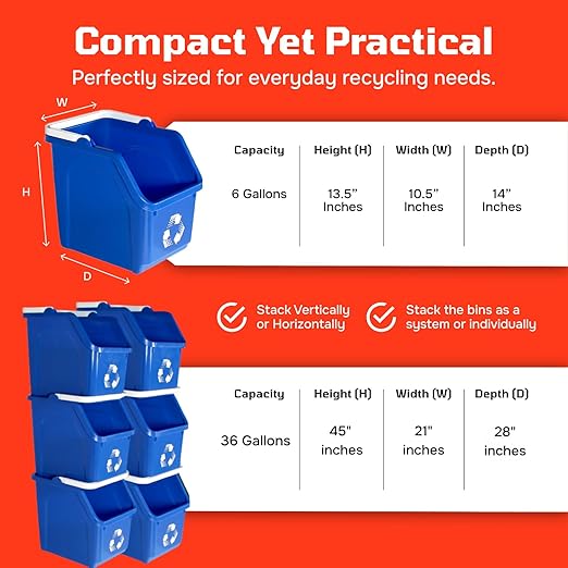 Multi Recycling Bin System with Three Stacking 6 Gallon Bins with Carrying Handles, Stackable and Compact for Offices, Homes, Garages, Businesses (Yellow, 6 Pack)