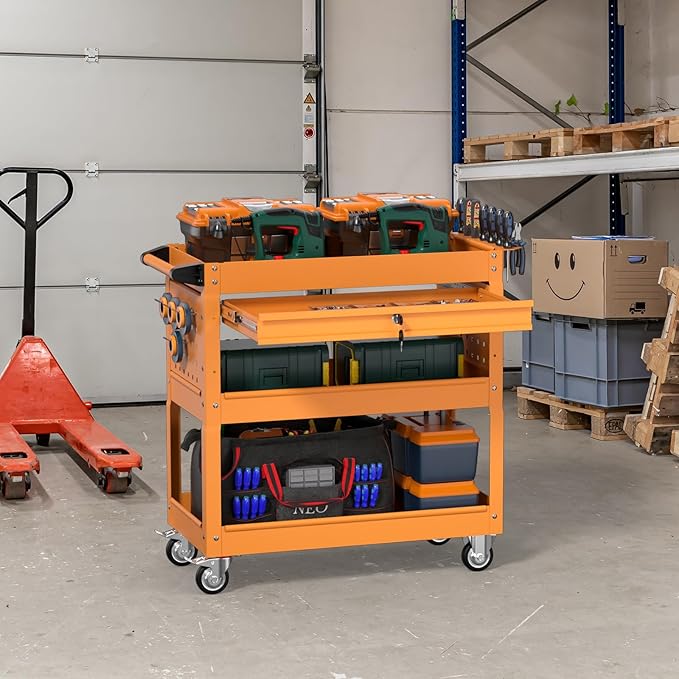 3 Tier Rolling Tool Cart on Wheels, Heavy Duty Service Cart Industrial Utility Cart with Drawer and Screwdriver Rack Pegboard, 550 LBS Mobile Tool Storage Organizer for Garage, Workshop (Orange)