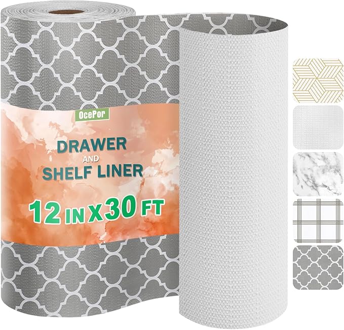 OcePor Non-Adhesive Drawer and Shelf Liner 12IN x 30FT，Non Slip Cabinet and Cupboard Liner, Kitchen Cabinet Liners for Shelves, Waterproof Drawer Shelf Liners for Cabinets/Bathroom Cupboard