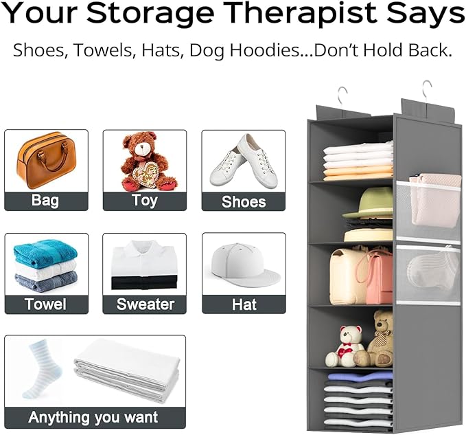 Deep Hanging Closet Organizers and Storage, Closet Hanging Storage Shelves with 5 Shelves and 4 Mesh Pockets, Heavy-Duty Closet Organizer for Clothes, Hats, and RVs and Dorm Essential,1-Pack, Grey
