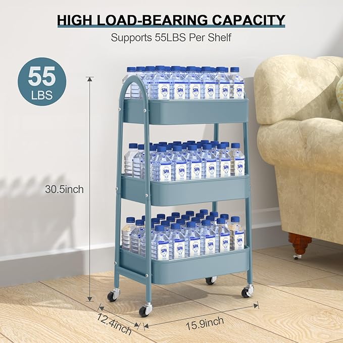 3 Tier Utility Rolling Cart, EAGMAK Metal Storage Cart with Handle and Lockable Wheels, Multifunctional Storage Organizer Trolley with Mesh Baskets for Kitchen, Living Room, Office, Garage (Blue)