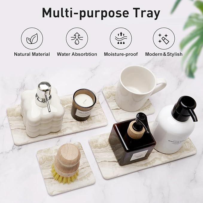 Set of 4 Drying Stone for Kitchen Counter Soap Tray Ceramic Bathroom Sink Trays Hand Soap Dish Stone Quick Dry Mat Toothbrush Sponge Holder Kitchen Sink Caddy Diatomite Coaster Bathroom Trays