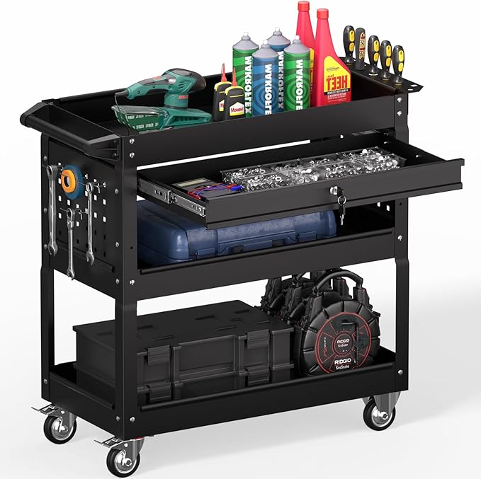 3 Tier Rolling Tool Cart on Wheels, Heavy Duty Service Cart Industrial Utility Cart with Drawer and Screwdriver Rack Pegboard, 550 LBS Mobile Tool Storage Organizer for Garage, Workshop(Black)