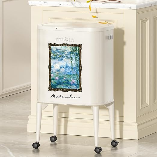 MRBIN Metal Kitchen Trash Can with Wheel Legs, 36L / 9.5gal Medium Press Lid Slim Removable Waste Basket, Pet Proof Tall Narrow Garbage Pail for Vanity, Bedroom, Bathroom, Living Room, Water Lily