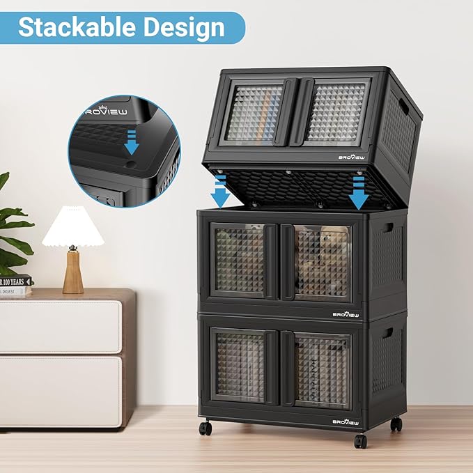 BROVIEW 400 Qt Stackable Storage Bins with Lids & Doors, 4 Pack Plastic Closet Organizer and Storages Drawers with Wheels, Large Collapsible Storages Boxes, Cabinet for Home, Office, V10, Black