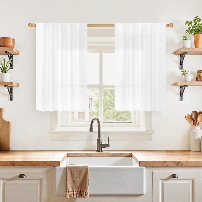YoungsTex White Linen Cafe Curtains 36 Inch Length 2 Panels - Short Drapes Semi Sheer with Rod Pocket Back Tab Lightweight for Bathroom Kitchen Windows Over Sink, 42 X 36 Inch