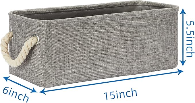 Temary Small Storage Baskets for Organizing, Narrow Baskets for Storage Toilet Paper Rolls, Fabric Baskets with Handles for Closets, Cabinets, Shelves (Grey, 15Lx6Wx5.5H Inches)