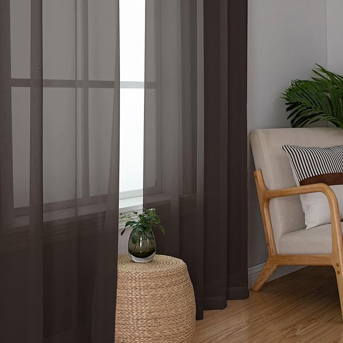 Chyhomenyc Sheer Curtains 63 Inch Length 2 Panels, Light Filtering Rod Pocket Window Sheer Curtain Drapes for Bedroom Living Room, 42Wx63L, 2 Panels, Chocolate Brown