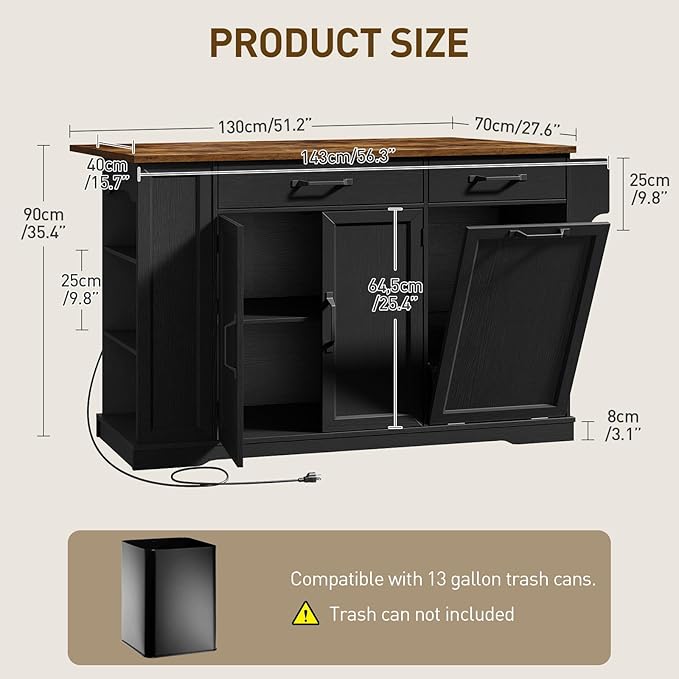 Kitchen Island with Power Outlet & Drop Leaf, Rolling Storage Cart with Trash Storage Cabinet, Farmhouse Mobile Island Table for Kitchen, Dining Room, Hidden Casters, Black and Rustic Brown