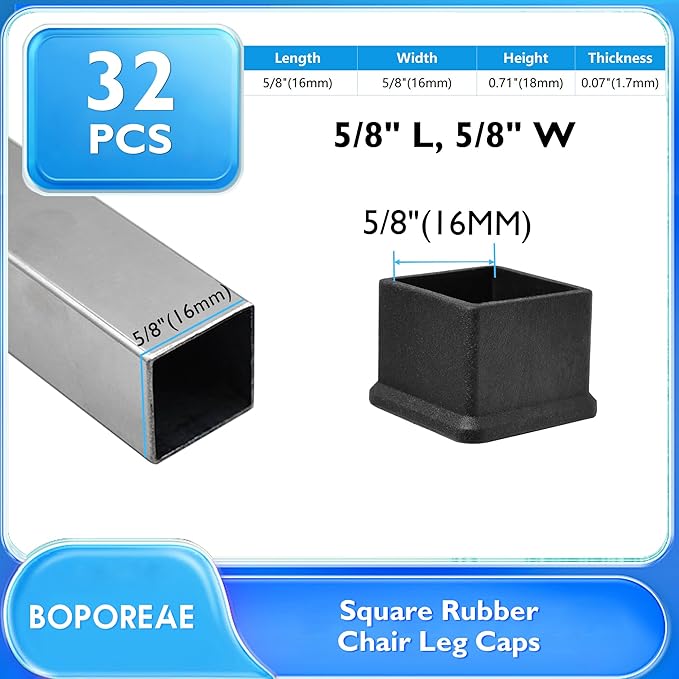 32 Pcs 5/8" x 5/8" Square Rubber Chair Leg Caps, PVC Table Leg Covers, Flexible & Anti-Slip Furniture Leg End Caps, Chair Leg Floor Protectors for Bar Stool Leg Patio Indoor, Black