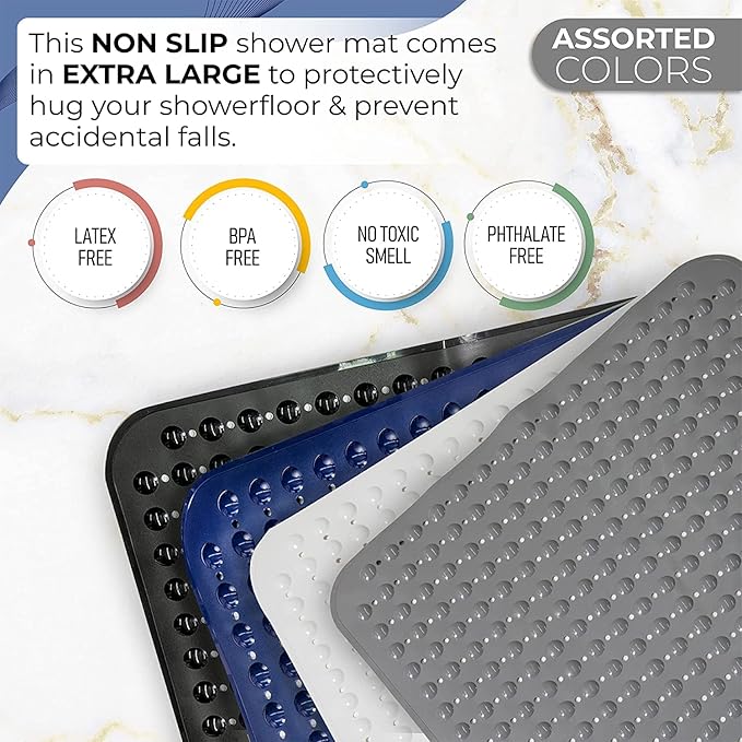 ENKOSI Extra Large Square Non Slip Shower Mat - 31 x 31-inch XL Bathroom Shower Mat - Square Shower Matts for Shower Stall Floors | Secure Suction Cups and Drain Holes (31x31 Clear)