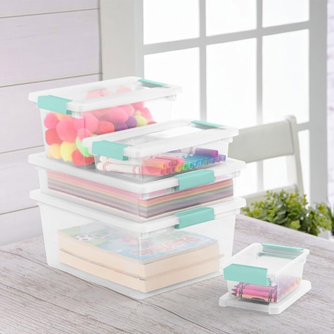 Sterilite 12-Pack Clip Box, Stackable Clear Plastic Bins with Latching Lids, Small - Writing, Arts or Crafts Supplies Storage Containers for Home, Office, Classroom and Workshop Organization