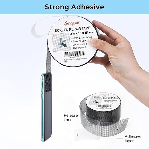 Black Window Screen Repair Tape, 2IN X 10FT Screen Repair Kit for Windows or Doors, Strong Adhesive Fiberglass Mesh Patch Tape