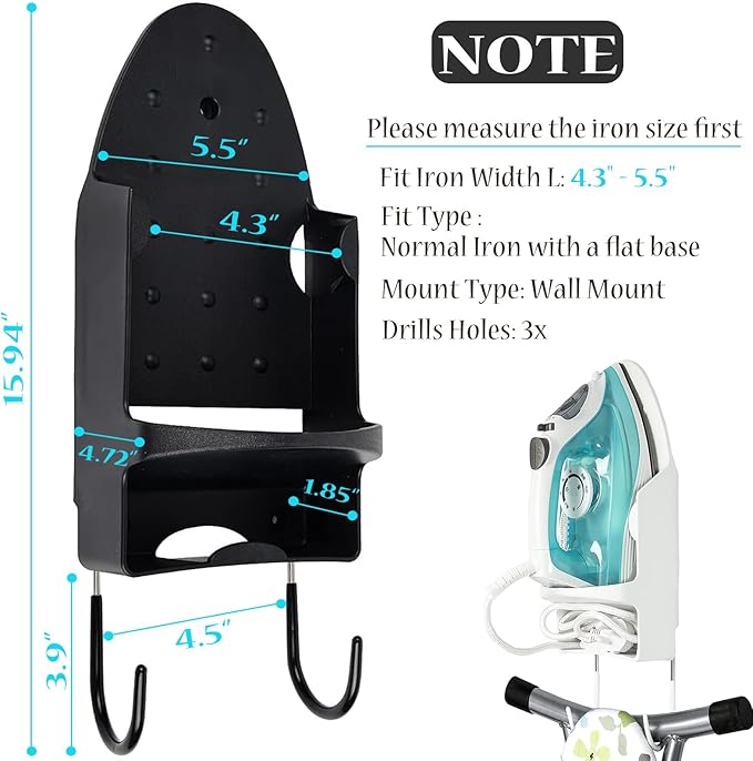 Ironing Board Hanger Wall Mount Electric Iron Holder Ironing Board Rack Household Bathroom Shelf - for Max 5 inch Width - Black