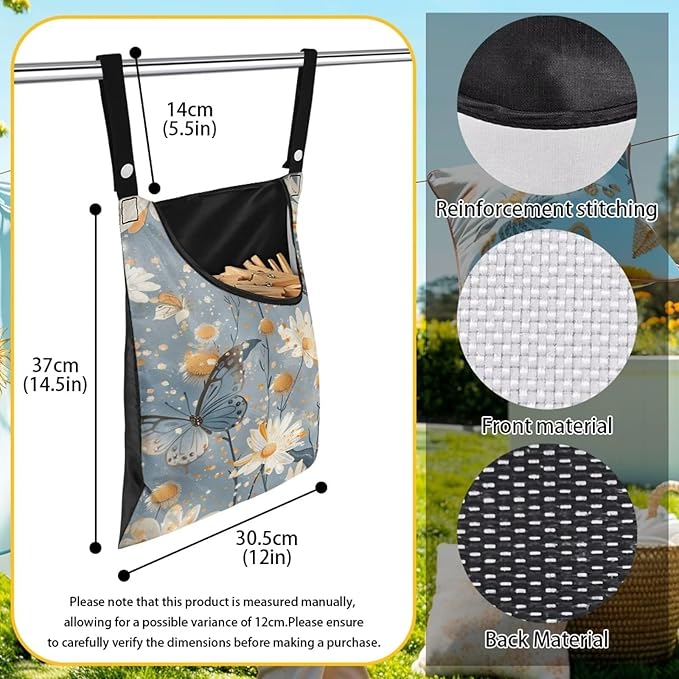 Butterfly Clothespin Bag with Hanging Rope 14.5 x 12 Inch Summer Waterproof Laundry Clothes Pin Holder Clothespin Storage Organizer with Large Opening for Home Outdoor