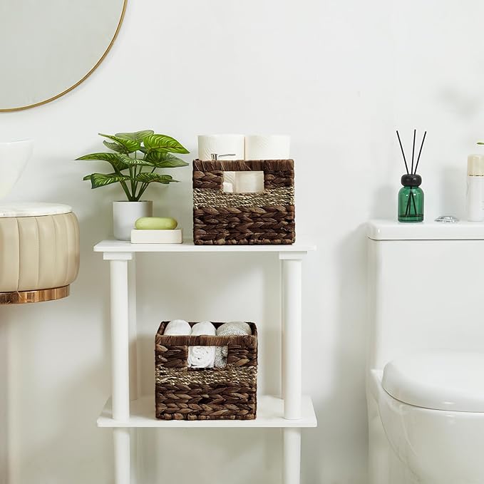 Water Hyacinth Wicker Basket, Decorative Woven Baskets with Built-in Handles, Hand-woven Storage Organizer for Organizing Pantry, Livingroom, Bedroom, Shelves, Toilet(2-PACK, Brown)