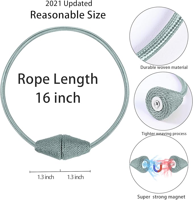 2 PCS Magnetic Curtain Tiebacks, European Style Convenient Drape Tie Backs Holdbacks for Thin or Thick Home & Office Window Draperies, No Tools Required (Grey Blue)