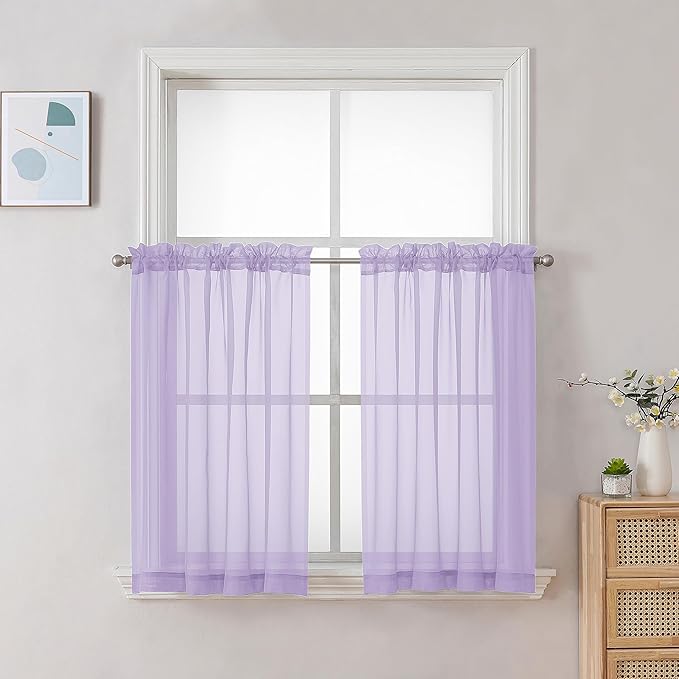 Chyhomenyc Lilac Sheer Curtains 30 inch Length 2 Panels, Light Filtering Voile Rod Pocket Short Window Curtians for Bathroom Living Room Farmhouse Small Windows, 42Wx30L inches
