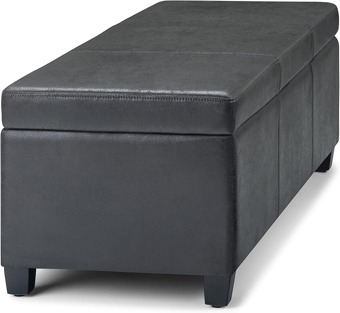SIMPLIHOME Avalon 48 inch Wide Contemporary Rectangle Storage Ottoman Bench in Distressed Black Distressed Vegan Faux Leather, Assembled, For the Living Room, Entryway and Family Room