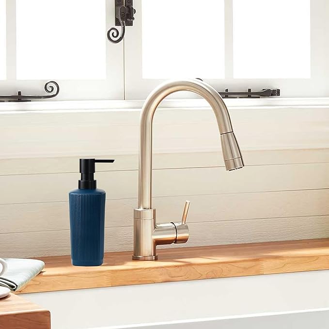 12 oz Glass Soap Dispenser with Vertical Stripe with Black Plastic Rustproof Pump, Small Refillable Soap Dispenser for Kitchen and Bathroom (Dark Blue)