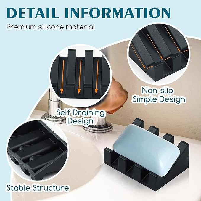 Silicone Soap Dish for Bar Soap Holder for Shower Bathroom Self Draining Waterfall Drying Tray Keep Soap Bars Dry Clean & Easy Cleaning (Black, 2)