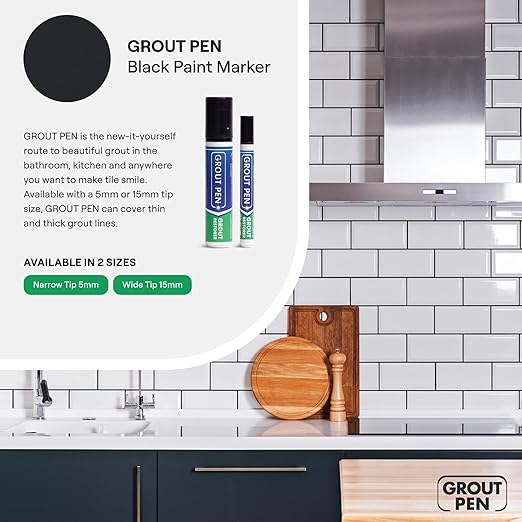 Grout Pen Black Tile Paint Marker: Waterproof Grout Paint, Tile Grout Colorant and Sealer Pen - Narrow 5mm, 2 Pack with Extra Tips (7mL) - Black