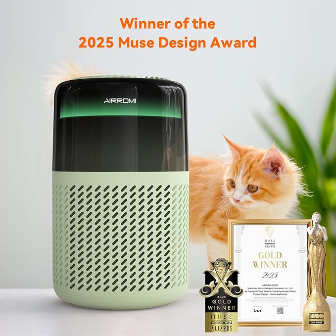 AIRROMI Air Purifier for Bedroom Home,HEPA Filter,Covers Upto 549 Ft²,Quiet 360°intake Air Cleaner with Fragrance ponge for Better Sleep,Night Light,Filters Smoke,Pet Dander,Allergies,Dust,A2005 Green