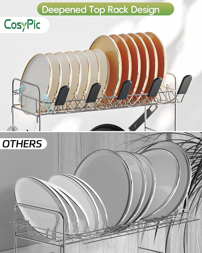 2 Tier Dish Drying Rack, Thicker Premium 304 Stainless Steel Dish Racks for Kitchen Counter, Automatic Drainage Spout, Dish Drainer & Drainboard Set with Utensil Holder and Cup Holder, Black