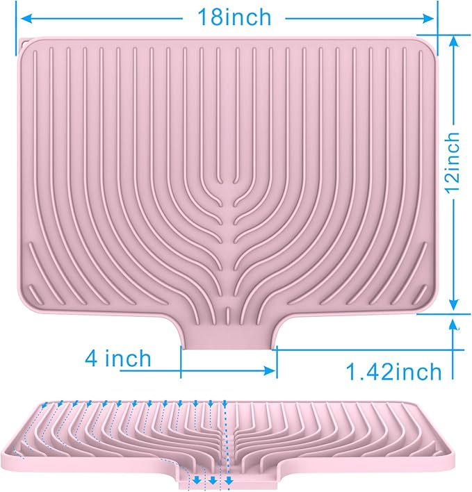 Dish Drying Matt for Kitchen Counter,18"×12"Silicone Dry Rack Mat with Built in Drain, Kitchen Dry Mats for Dishes Drying Pad for Counter(18"×12"Pink)