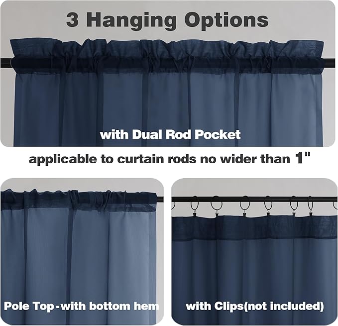 Chyhomenyc Voile Sheer Curtain Panels 54in Long 2 Pack, Short Bathroom Window Curtains for Small Window/Living Room/Guest Room/Basement, Airy Light Filtering Drapes, 42W x 54L inch, Navy Blue