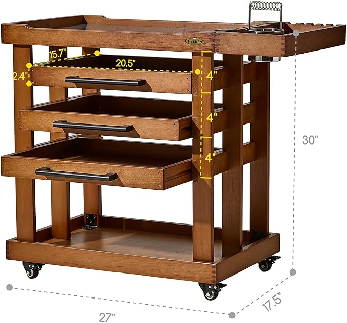 MEEDEN Art Supplies Storage Cart: 5-Tier Solid Beech Wood Utility Rolling Cart with 3 Drawers - Craft Orgnizer on 4 Wheels - Walnut Color