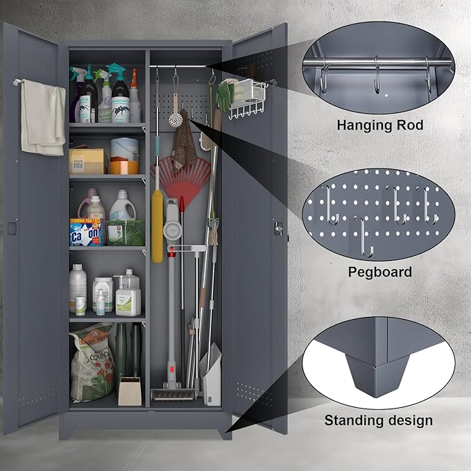 Metal Tool Storage Cabinet, Broom Closet with Hooks, 72.8" Tall Garage Cabinet with Shelves, Heavy-Duty Cleaning Storage for Utility Room, Gym, Office, Garage