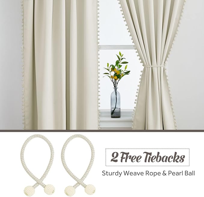 RYB HOME Bedroom Curtains 84 Inches Long Kids Curtains Blackout Window Drapes with Pom Pom Balls Lights & Heat Blocking Drapes for Girls Boys Kitchen Farmhouse, Beige, W52 x L84, Set of 2