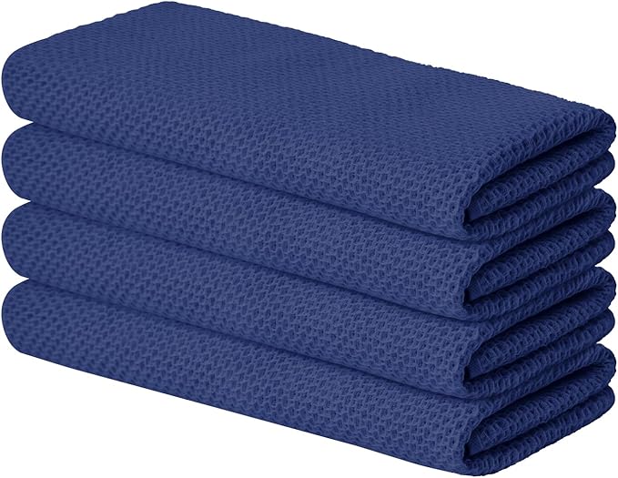 Artoid Mode 100% Cotton Navy Blue Waffle Weave Kitchen Dish Cloths, 13x28 Inch Ultra Soft Absorbent Quick Drying Kitchen Dish Towels Set of 4