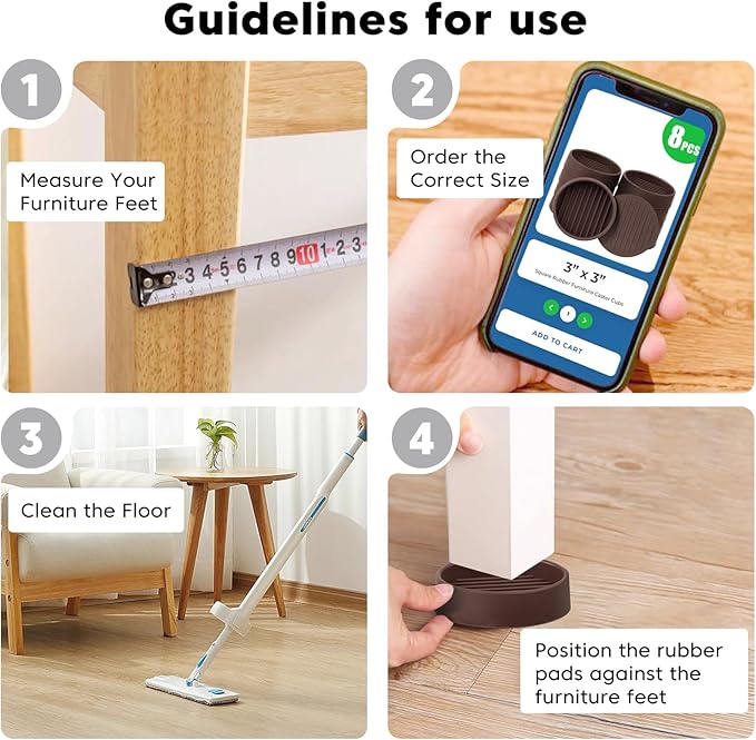 8Pcs 3"*3" Rubber Non-Slip Furniture Pads Heavy Duty Furniture Casters Cups Sofa Feet Floor Protectors for Beds Sofas Pianos and Other Large Furniture (Round, Brown)